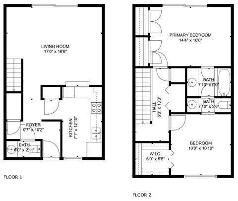 A floor plan of a two-story home with a living room, kitchen, and two bedrooms.